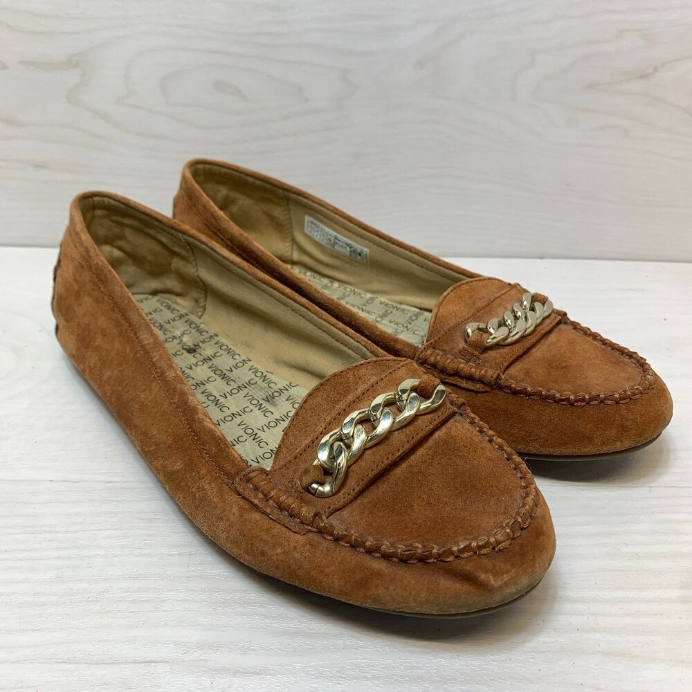 Vionic Mesa Loafers Women's Size 10 Brown Gold Chain Detail Moccasins Slip On